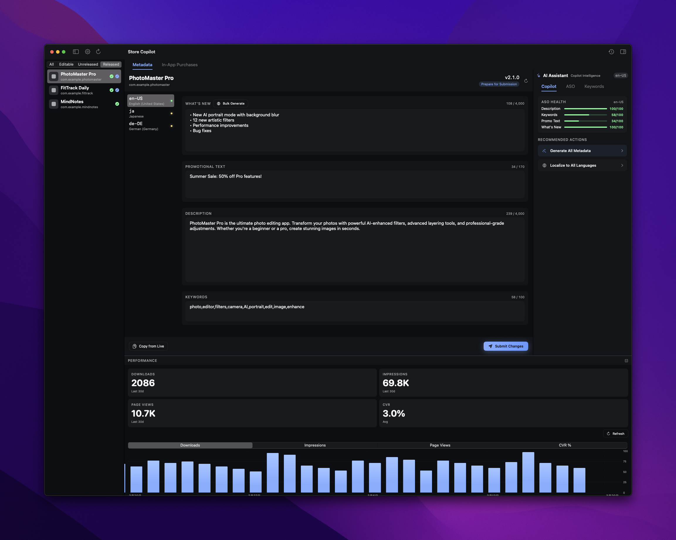 storeCopilot main editor showing multilingual metadata fields with AI panel
